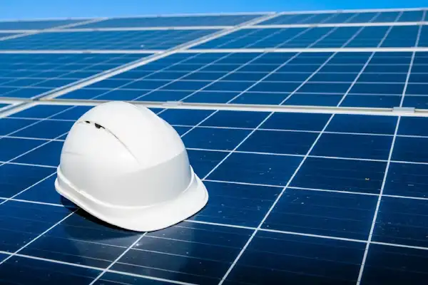 Photovoltaik, weißer Bauarbeiter-Helm liegt auf Solardach